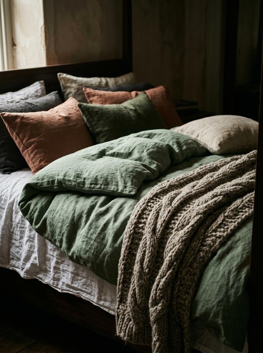 Un lit vu de face avec une superposition de textiles : couette en lin, plaid en laine et multiples coussins créant un effet de volume et de confort.