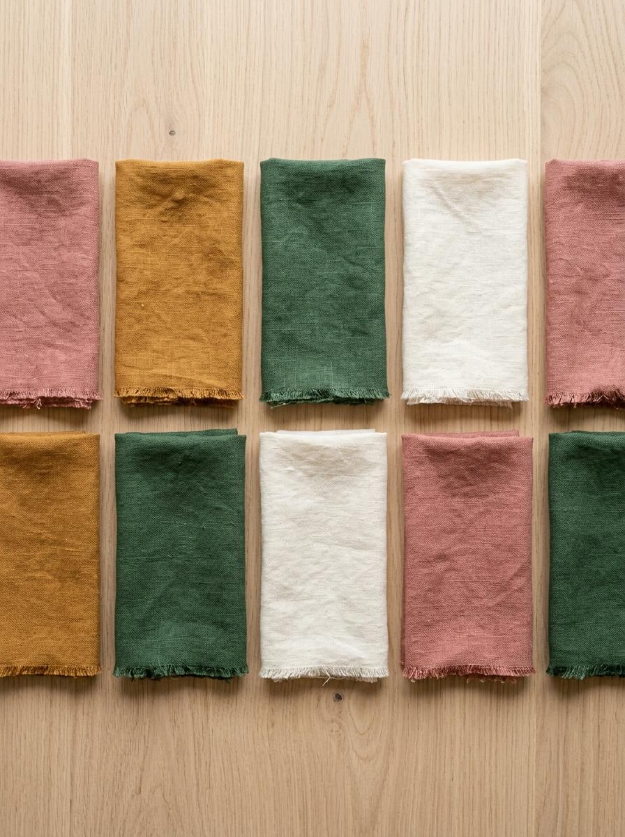 Vue de dessus d'échantillons de tissus en lin lavé pliés, présentant une palette de couleurs harmonieuse de rose poudré, ocre et vert.