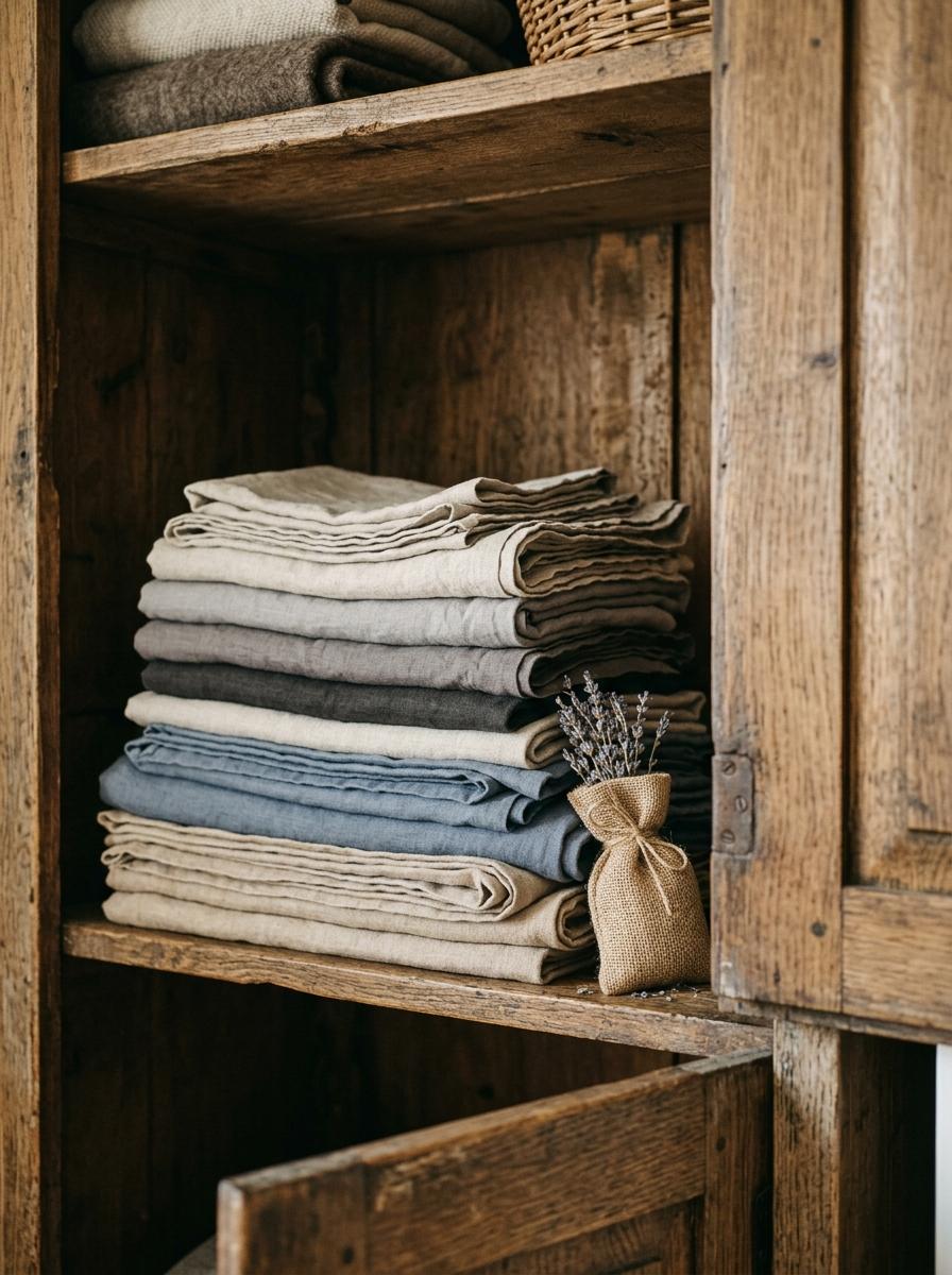Une pile de linge de lit en lin lavé, propre et plié, rangée sur une étagère dans une armoire en bois rustique, évoquant la durabilité et l'entretien.