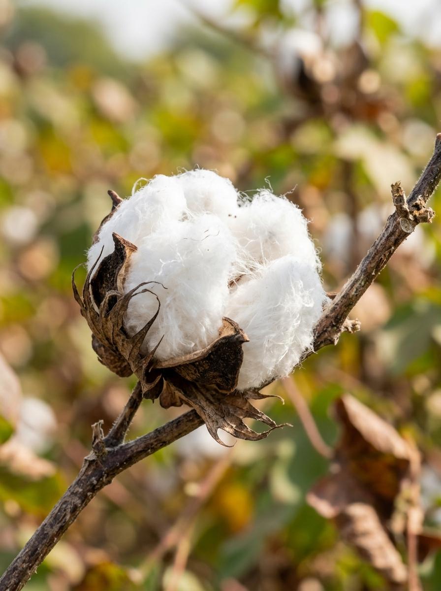 Gros plan sur une capsule de coton biologique mûre, montrant ses fibres blanches pures et douces, source de protection naturelle.