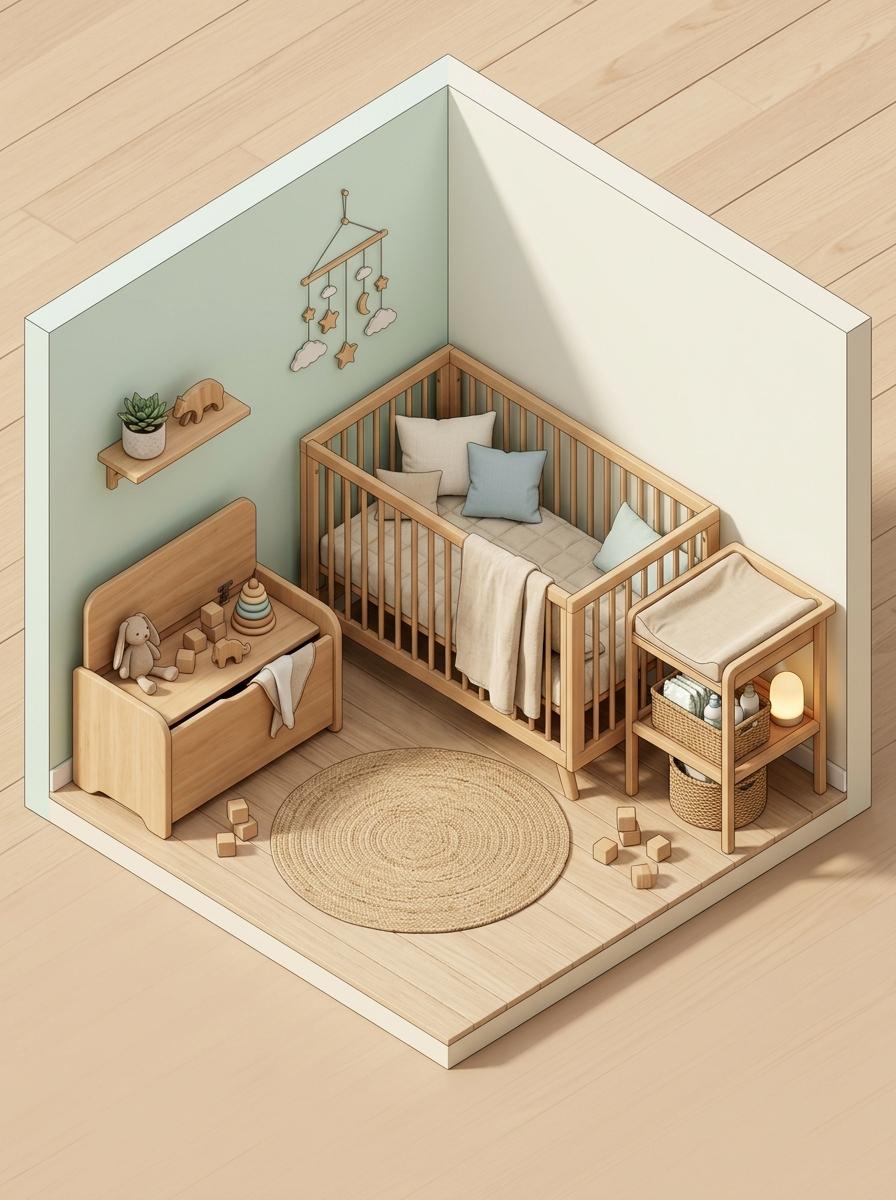 Illustration isométrique d'un coin de chambre de bébé sain, avec des meubles en bois et des textiles naturels, pour un cocon sécurisé.