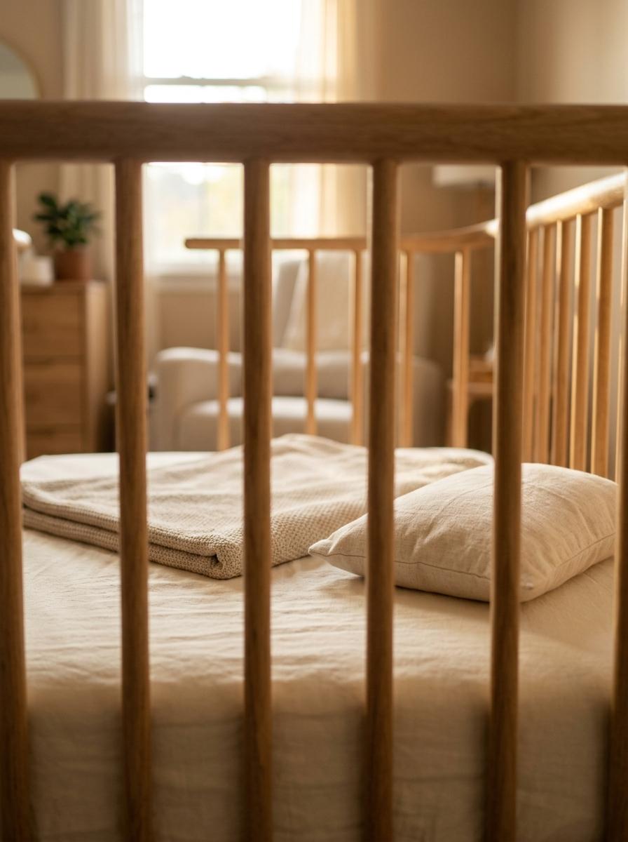 Un lit de bébé fait avec des draps en coton biologique impeccables, baigné d'une lumière chaude, symbolisant un investissement pour la santé et la paix d'esprit.