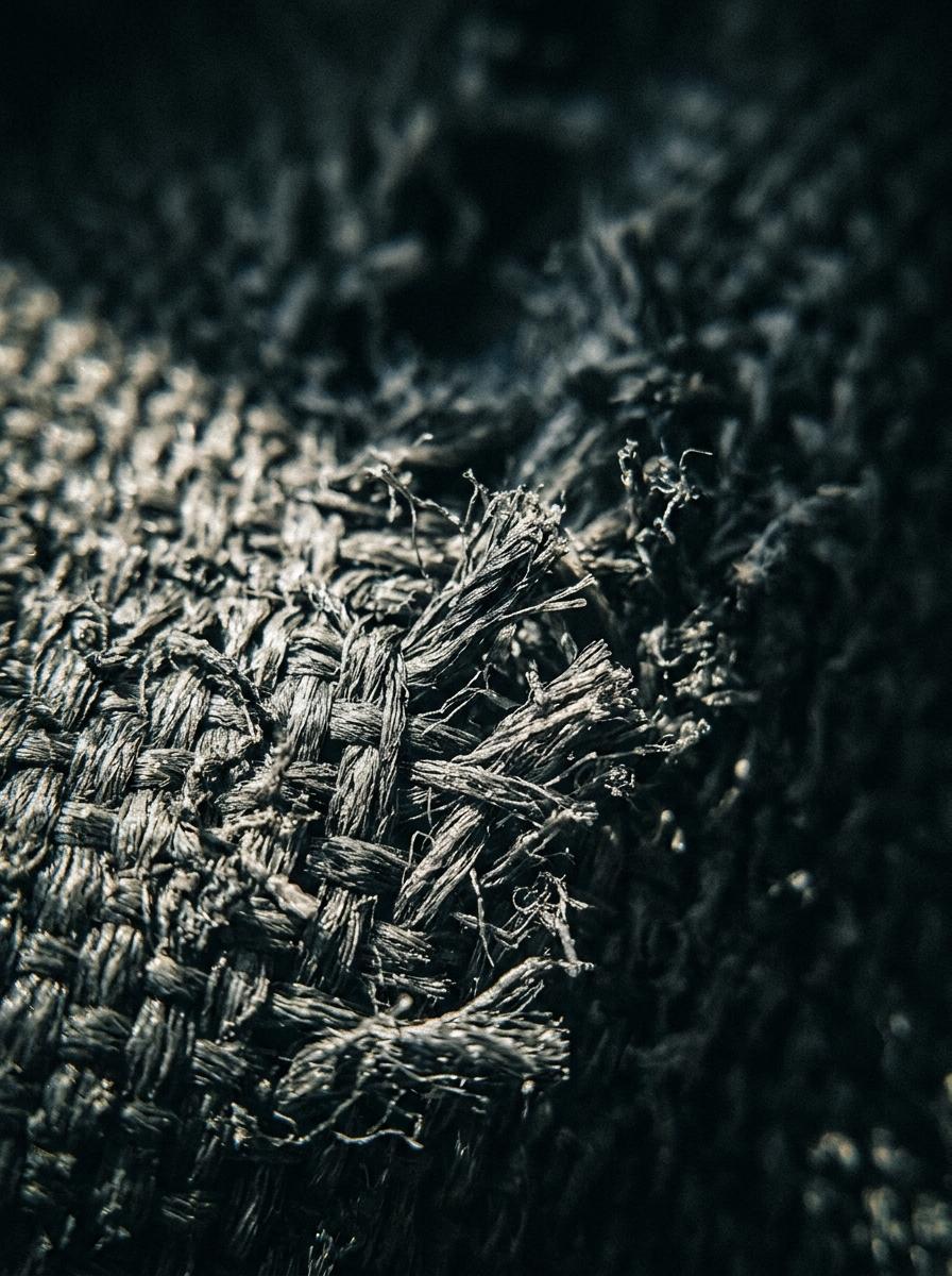 Macro-photographie de fibres textiles rêches et irrégulières, symbolisant les risques cachés du coton conventionnel.