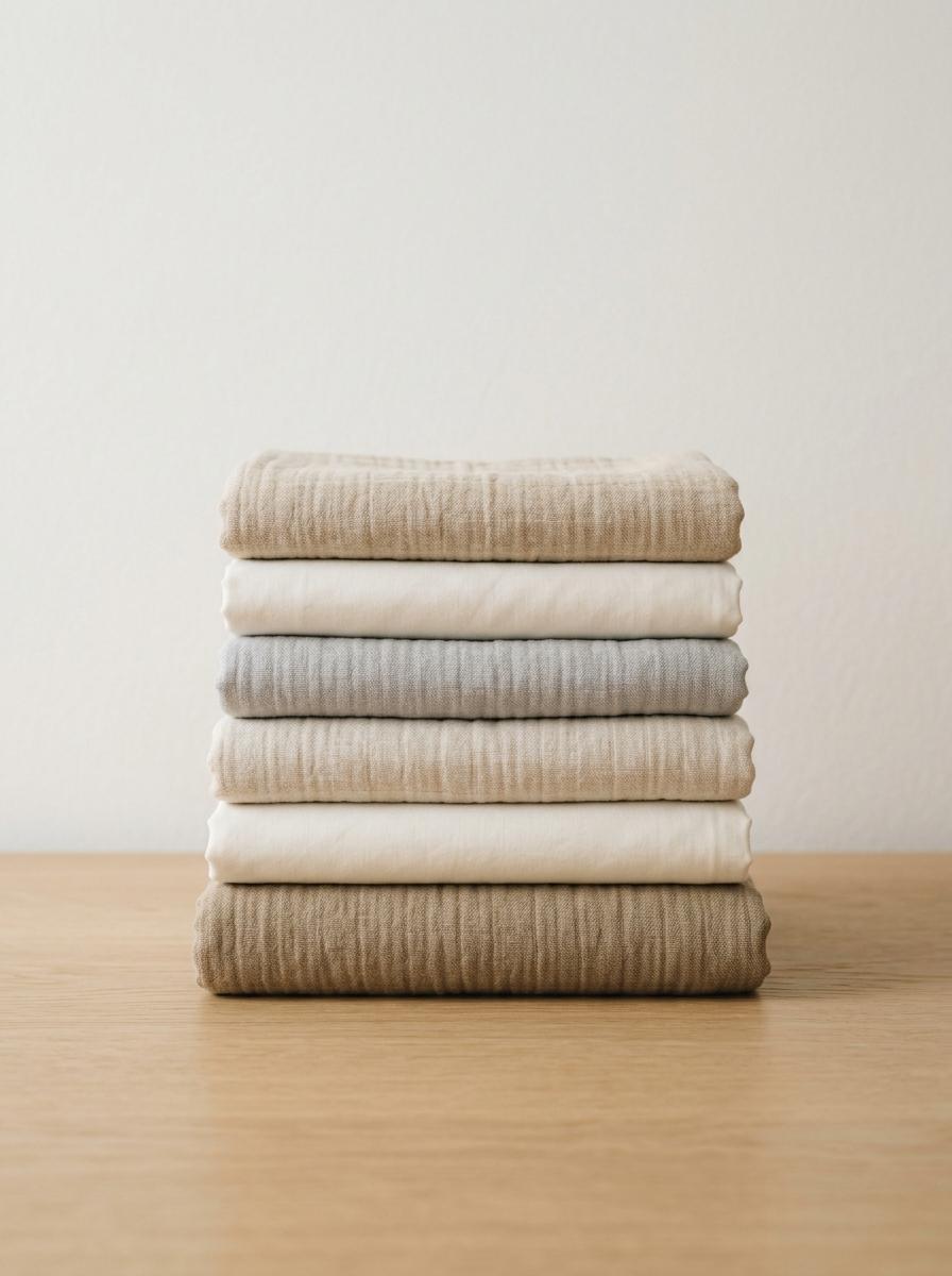 Une pile de draps de bébé en coton biologique de haute qualité, pliés avec soin, représentant le choix éclairé grâce aux labels.