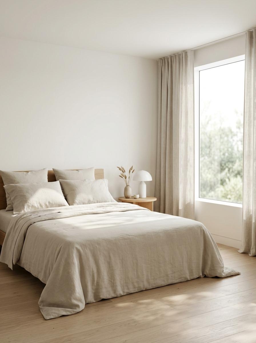 Un lit parfaitement fait avec du linge de lit de qualité dans une chambre minimaliste et sereine, évoquant la confiance et le bien-être.