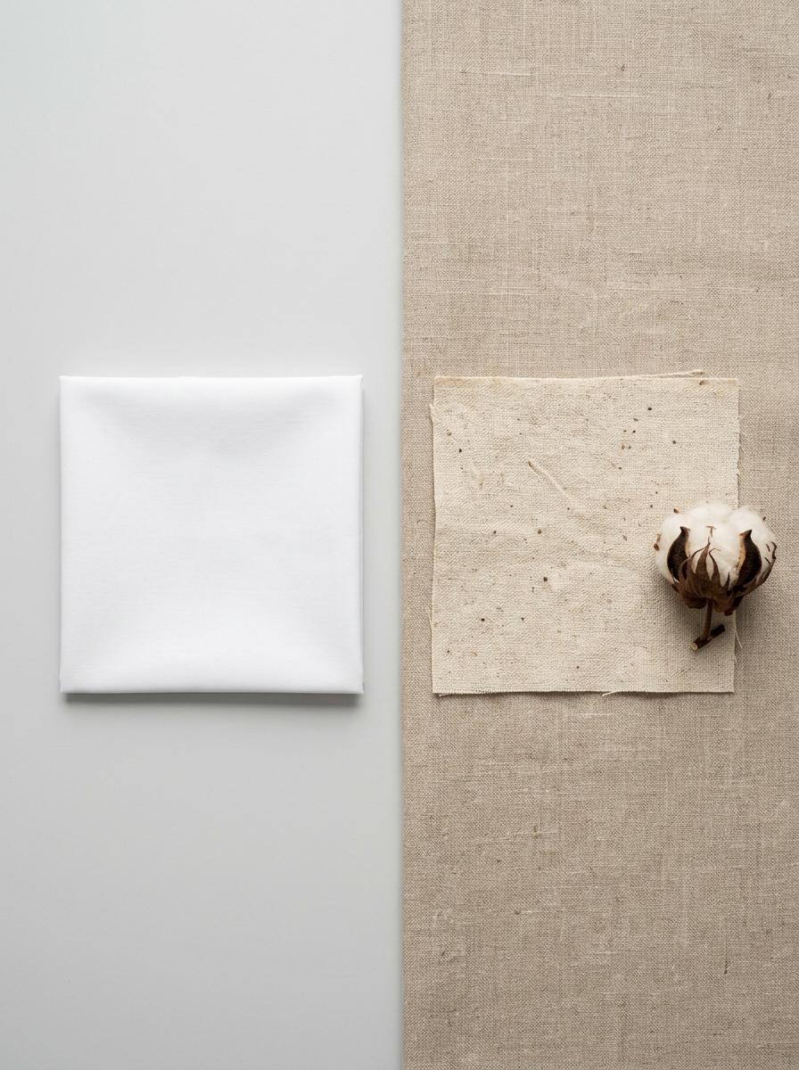 Comparaison visuelle entre un tissu blanc et lisse (Oeko-Tex) et un tissu en coton brut et naturel (GOTS).