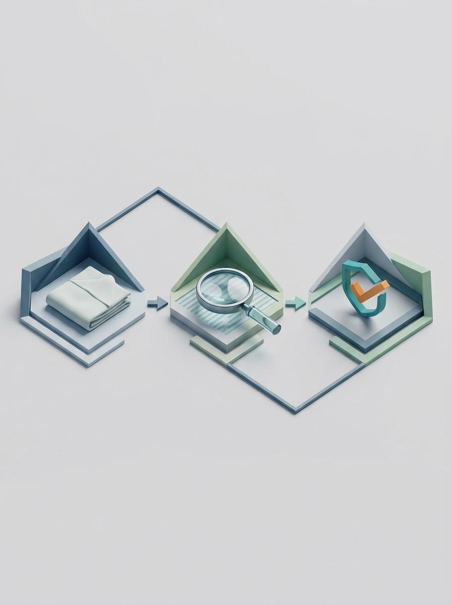 Illustration isométrique montrant un processus de vérification en trois étapes : un tissu, une loupe et une icône de validation.