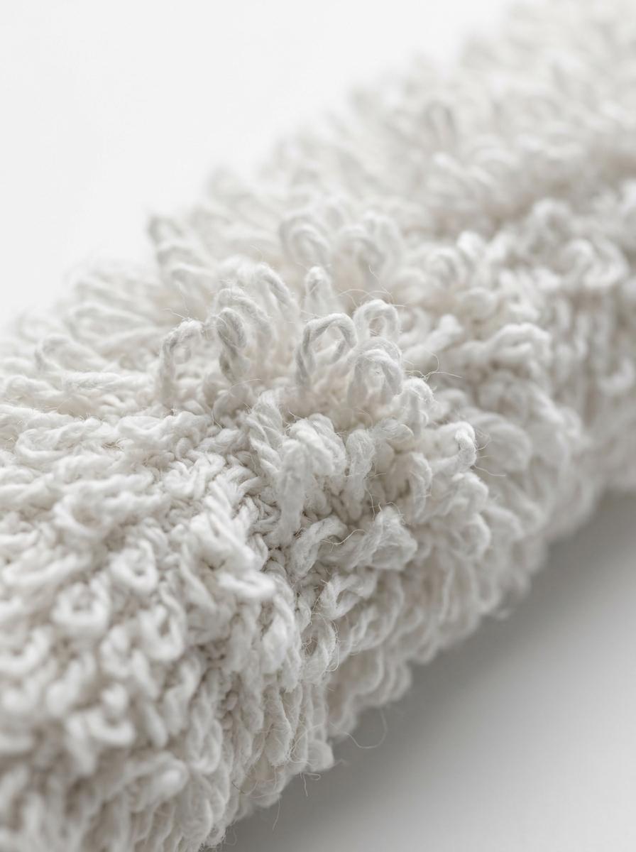 Un gros plan macro sur les boucles denses et la texture d'une serviette en coton blanc de haute qualité.