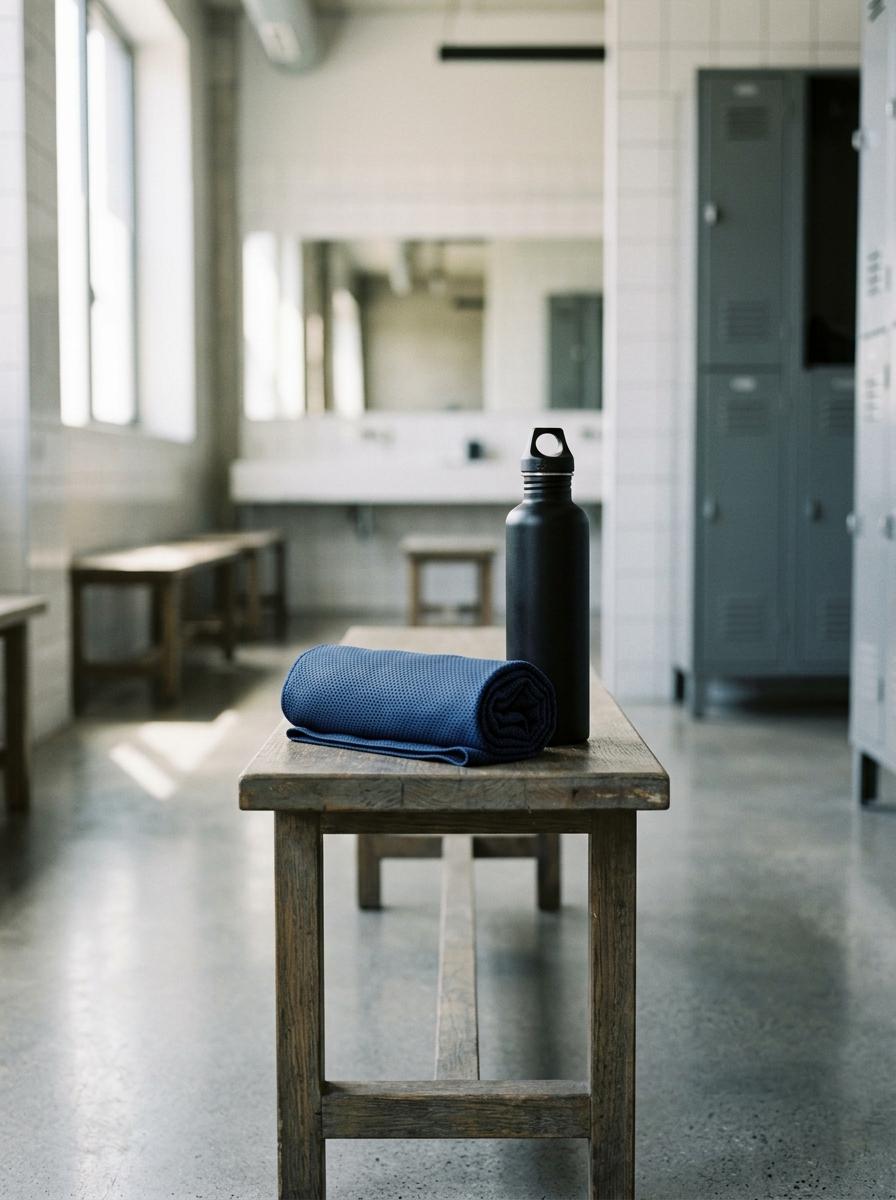 Une serviette de sport bleu marine, fine et enroulée, posée sur un banc dans un vestiaire moderne.