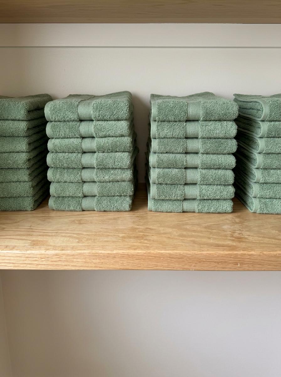 Vue de dessus d'une étagère de placard à linge avec des piles de serviettes vertes parfaitement pliées.