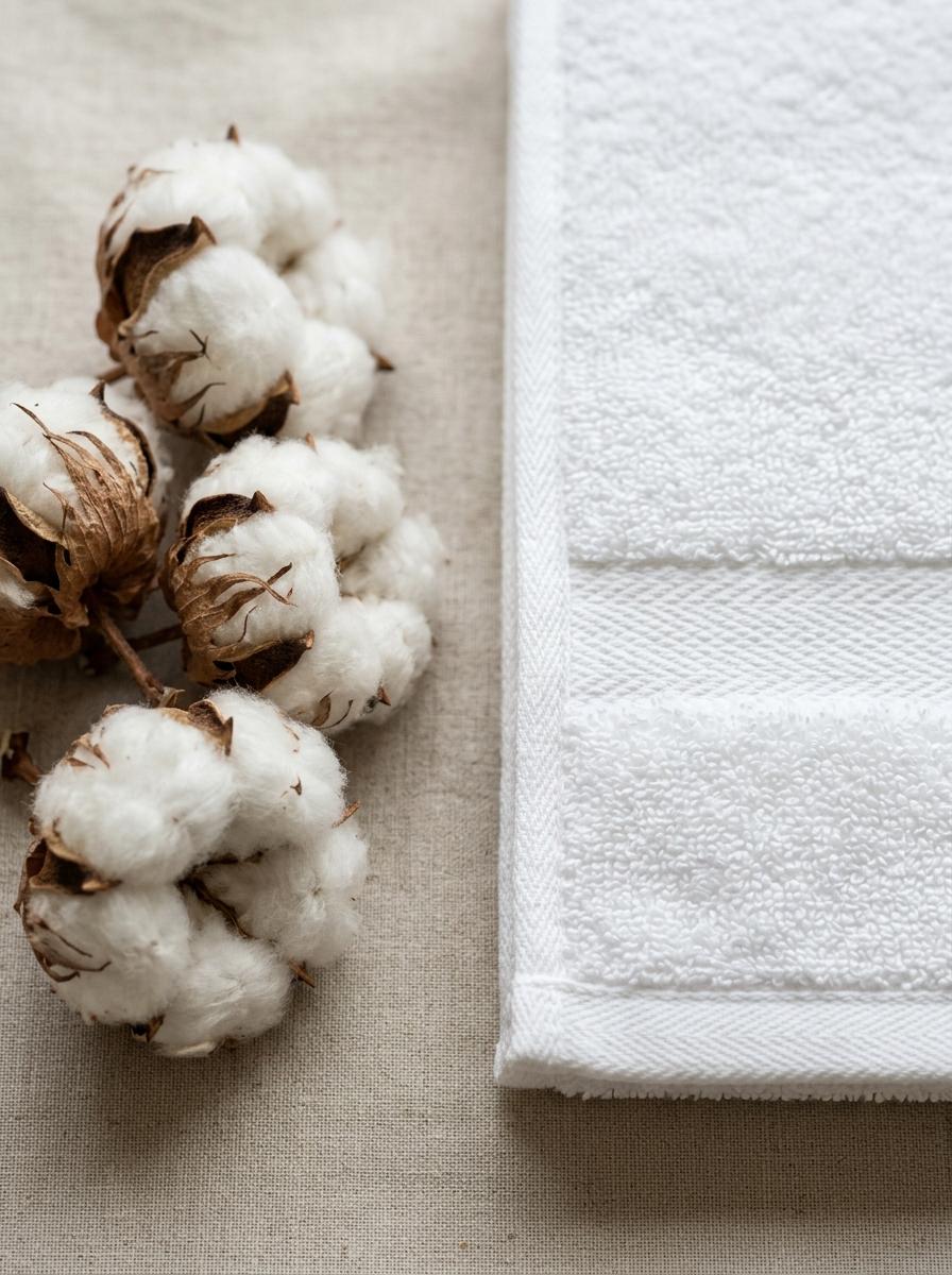 Des boules de coton brut à côté d'un coin de serviette tissée, illustrant la matière première.