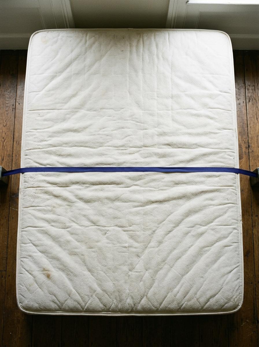 Un ruban de couleur est posé sur la largeur d'un matelas, vu de dessus, symbolisant le processus de mesure.