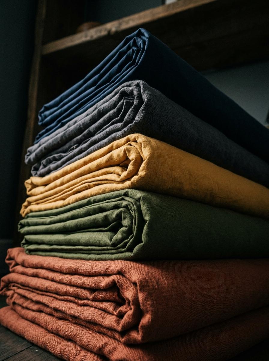 Une pile de draps-housses de différentes couleurs et textures, pliés avec soin, représentant le choix des tailles et matières.