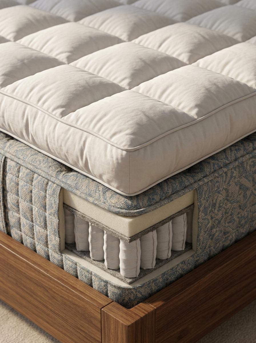 Vue macro des couches d'un matelas et d'un surmatelas, montrant l'épaisseur combinée à prendre en compte pour un cas particulier.