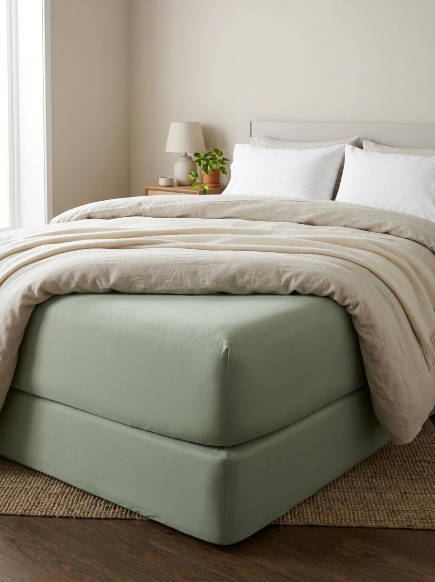 Un lit parfaitement fait avec un drap-housse vert sauge tendu et lisse, symbolisant le succès et la confiance dans son choix.