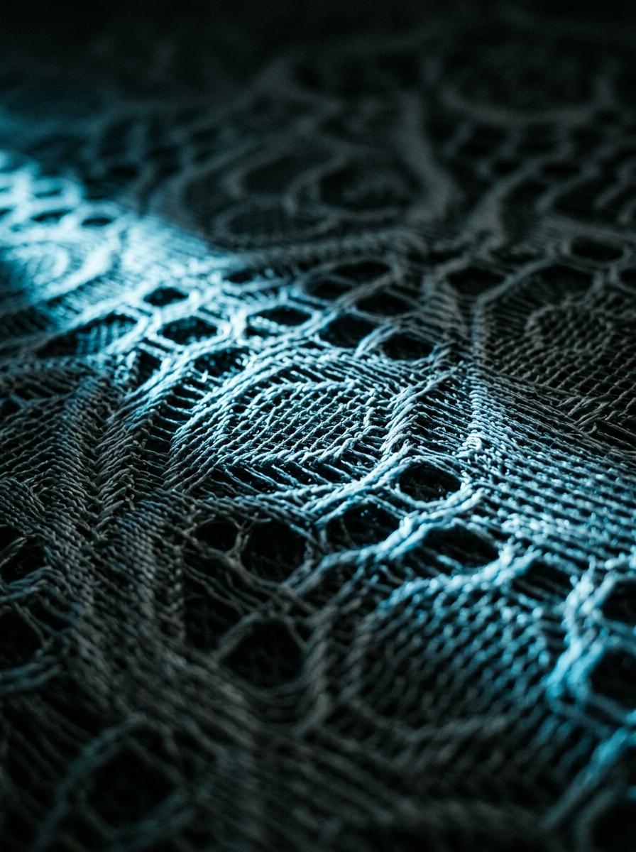 Gros plan sur un tissu de housse de matelas innovant avec un motif géométrique, éclairé par une lumière bleue pour suggérer une technologie de refroidissement.