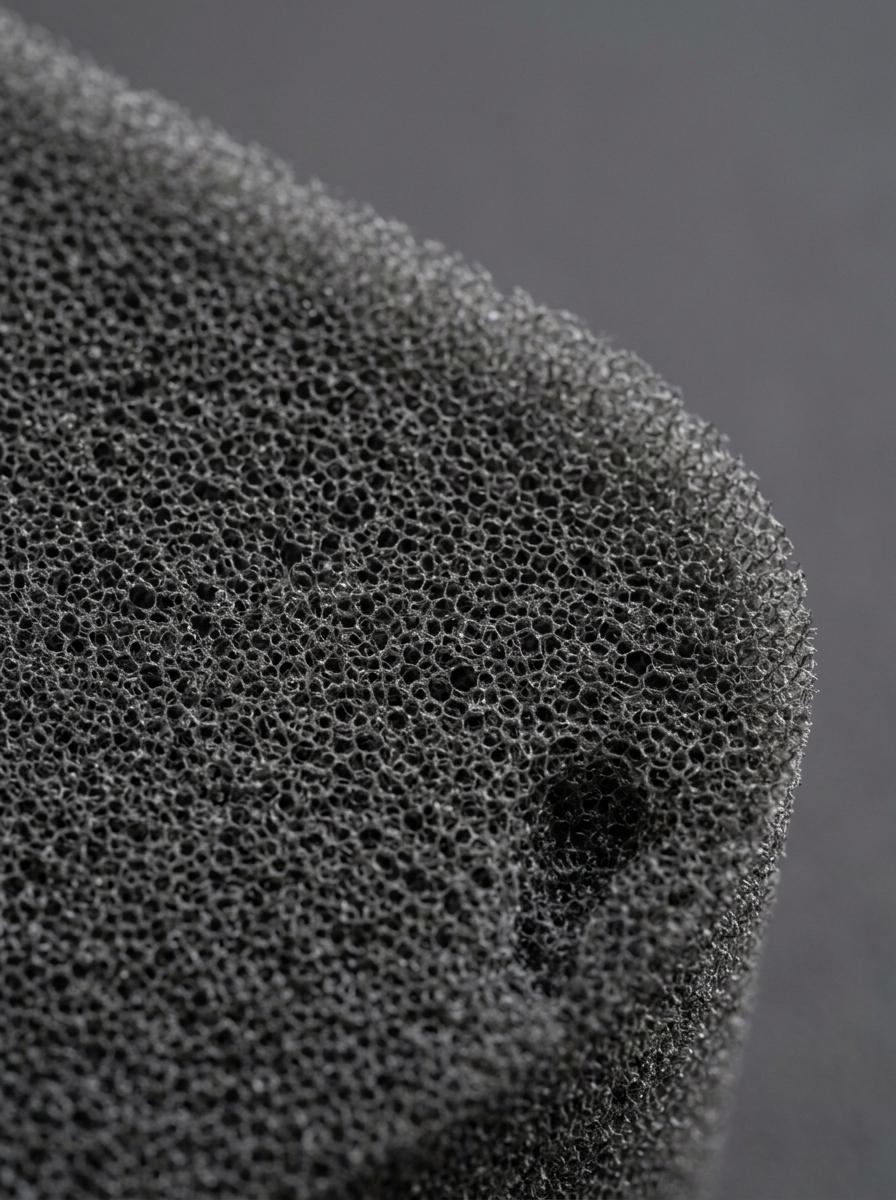 Prise de vue macro de la structure cellulaire dense d'une mousse à mémoire de forme de haute qualité, mettant en évidence sa texture.