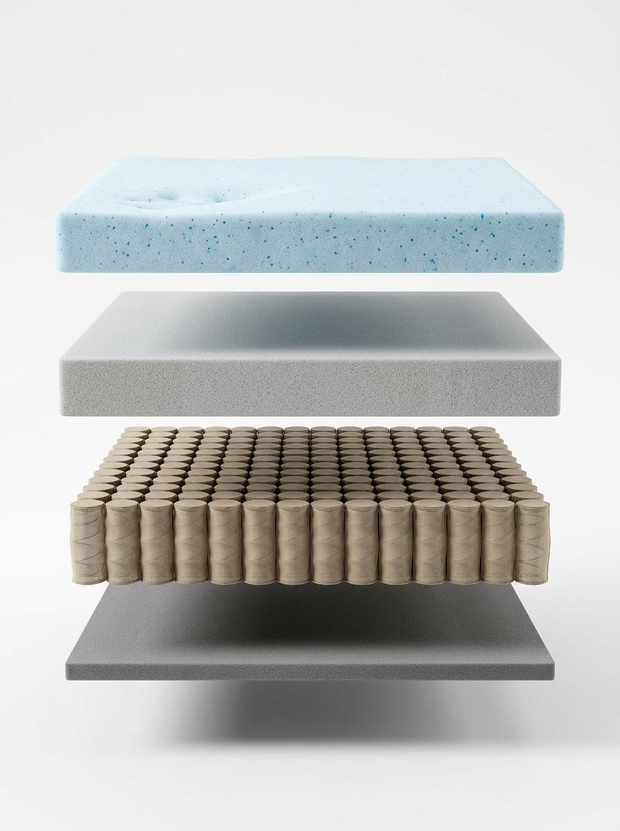Rendu 3D des couches séparées d'un matelas hybride flottant : ressorts, mousse de soutien et mousse à mémoire de forme.
