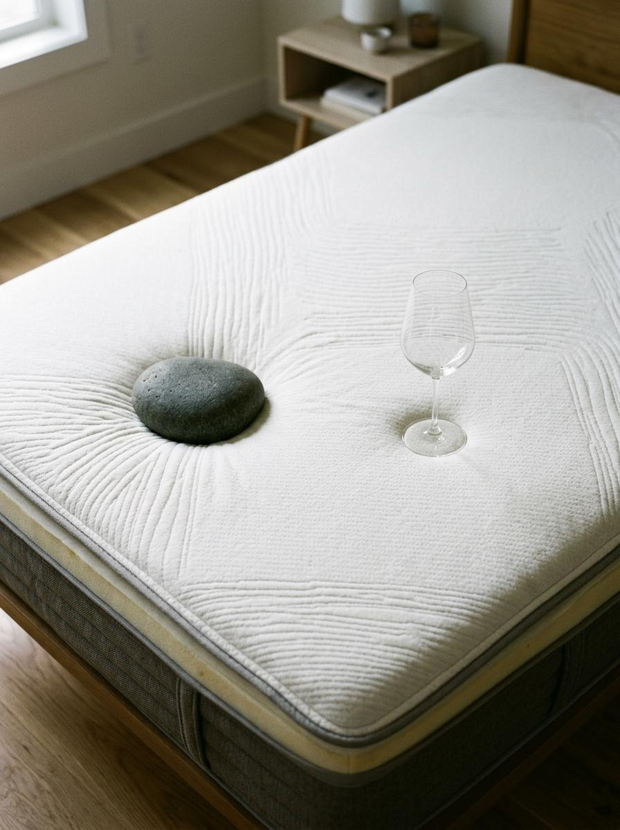 Vue de dessus d'un matelas démontrant l'indépendance de couchage : une pierre lourde d'un côté et un verre de vin intact de l'autre.