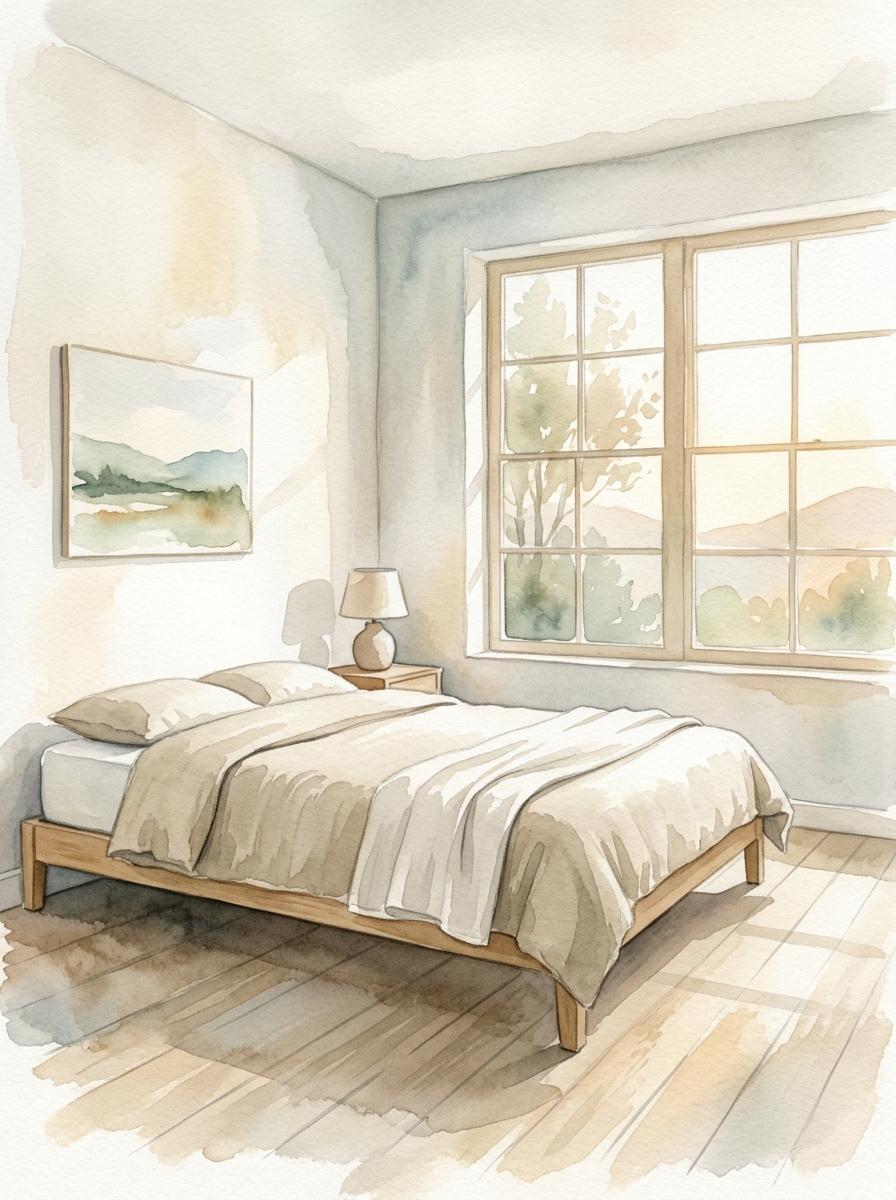 Illustration à l'aquarelle d'une chambre sereine avec un nouveau matelas sur un sommier à lattes, baignée de lumière naturelle.
