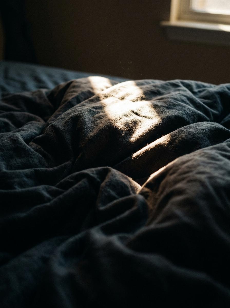 Gros plan sur une couette épaisse et froissée sous une lumière intense, symbolisant l'inconfort de la chaleur pendant la nuit.