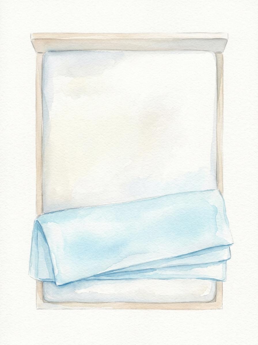 Illustration à l'aquarelle d'un lit avec une couette d'été très fine, montrant un geste simple pour un lit plus frais.