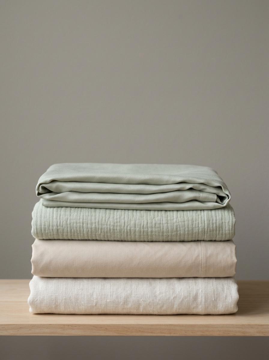 Une pile de draps de lit de différentes matières (lin, percale, gaze) pliés, montrant leurs textures et couleurs naturelles variées.