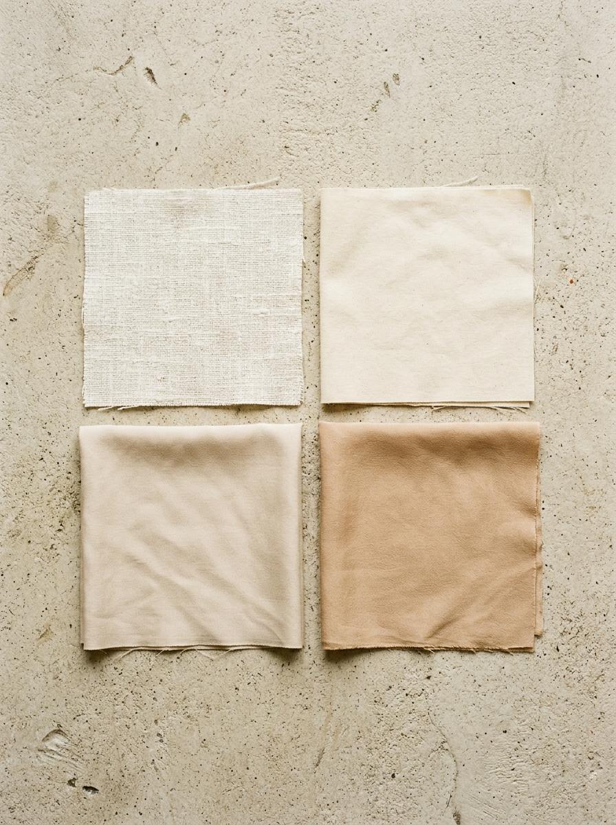 Plusieurs échantillons de tissus de linge de lit disposés sur une surface neutre, aidant à la décision finale de son choix.