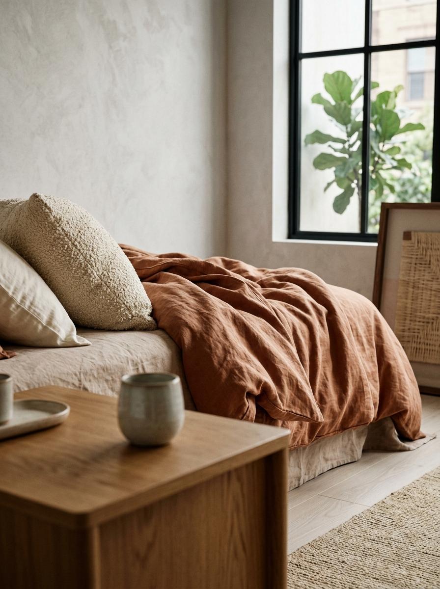 Un coin de lit stylisé avec une parure de lit tendance aux tons terreux, illustrant le mariage du confort et du design d'intérieur.