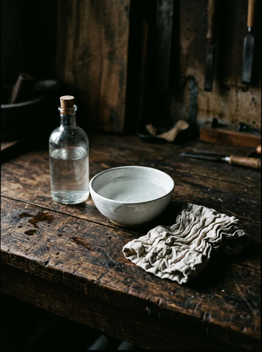 Une bouteille de vinaigre blanc et un bol d'eau sur une table, prêts à être utilisés pour détendre un vêtement en lin rétréci.