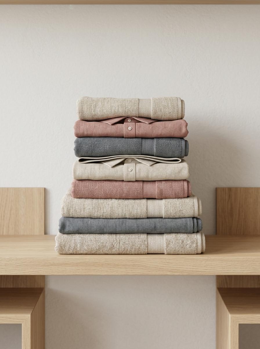 Une pile de linge en lin propre et parfaitement plié, de différentes couleurs terre, rangée sur une étagère en bois clair.