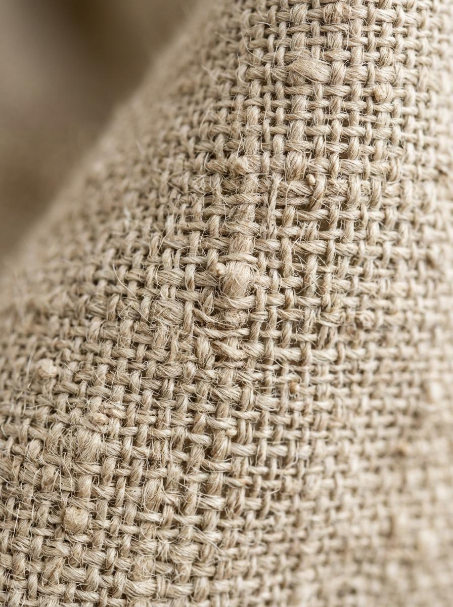 Une vue macro de la texture d'un tissu en lin, montrant le détail des fibres naturelles et du tissage.