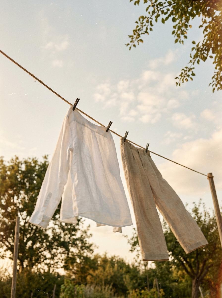 Du linge en lin séchant à l'air libre sur une corde à linge, flottant doucement dans la brise sous un ciel bleu.