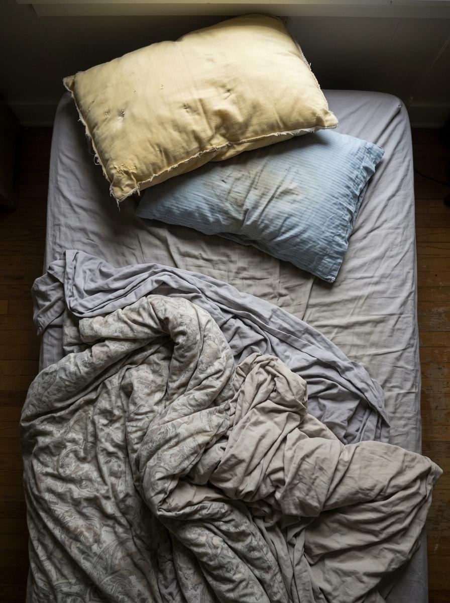 Vue de dessus d'un lit avec deux oreillers inadaptés et empilés de manière incorrecte, illustrant une erreur à éviter.