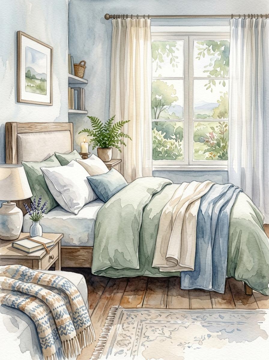 Illustration artistique d'un lit parfaitement préparé dans une chambre paisible, symbolisant un sommeil réparateur et la fin des douleurs.