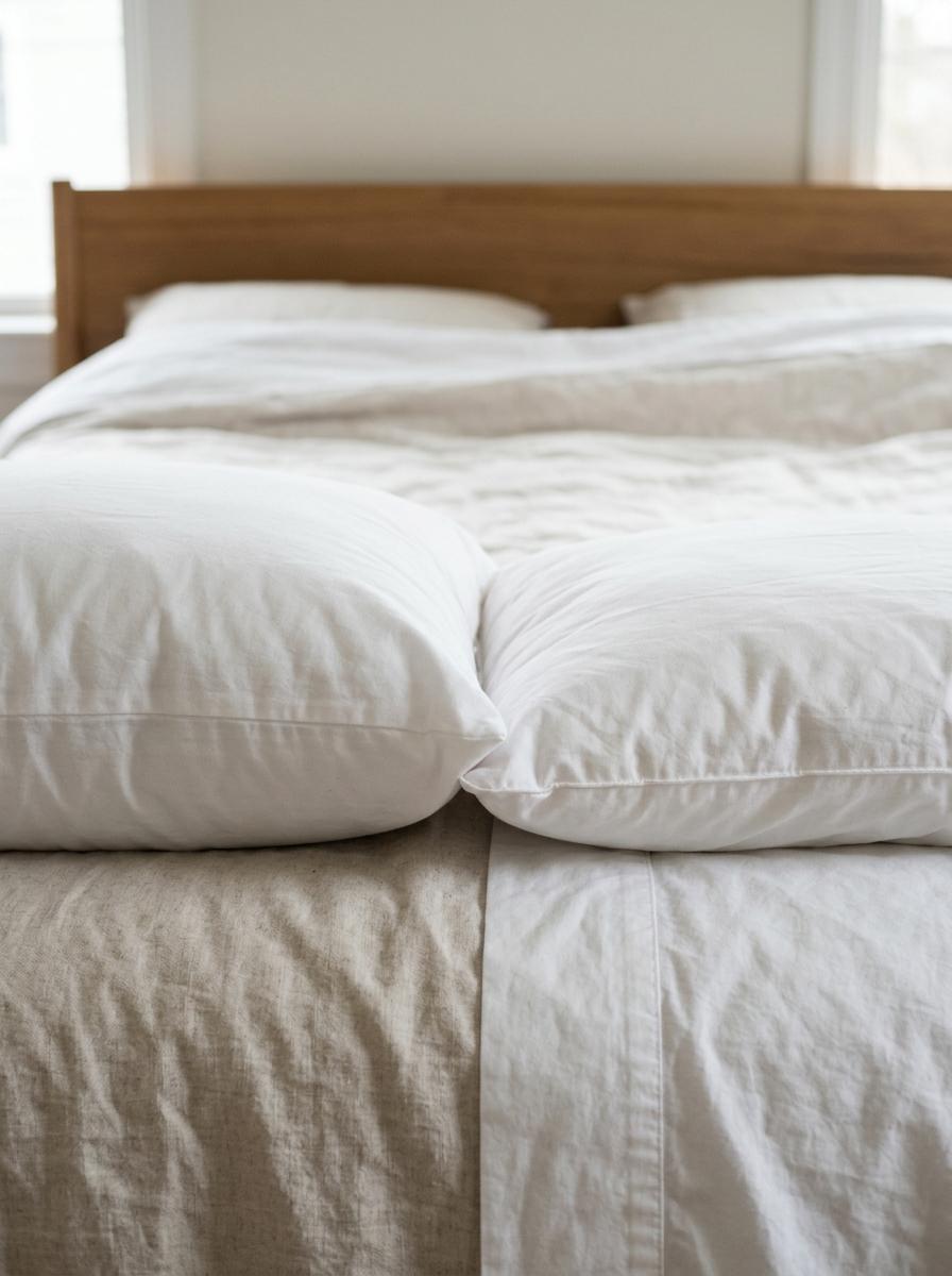 Comparaison de deux oreillers côte à côte sur un lit, l'un épais et ferme, l'autre plus fin et souple, pour illustrer le choix de la hauteur.
