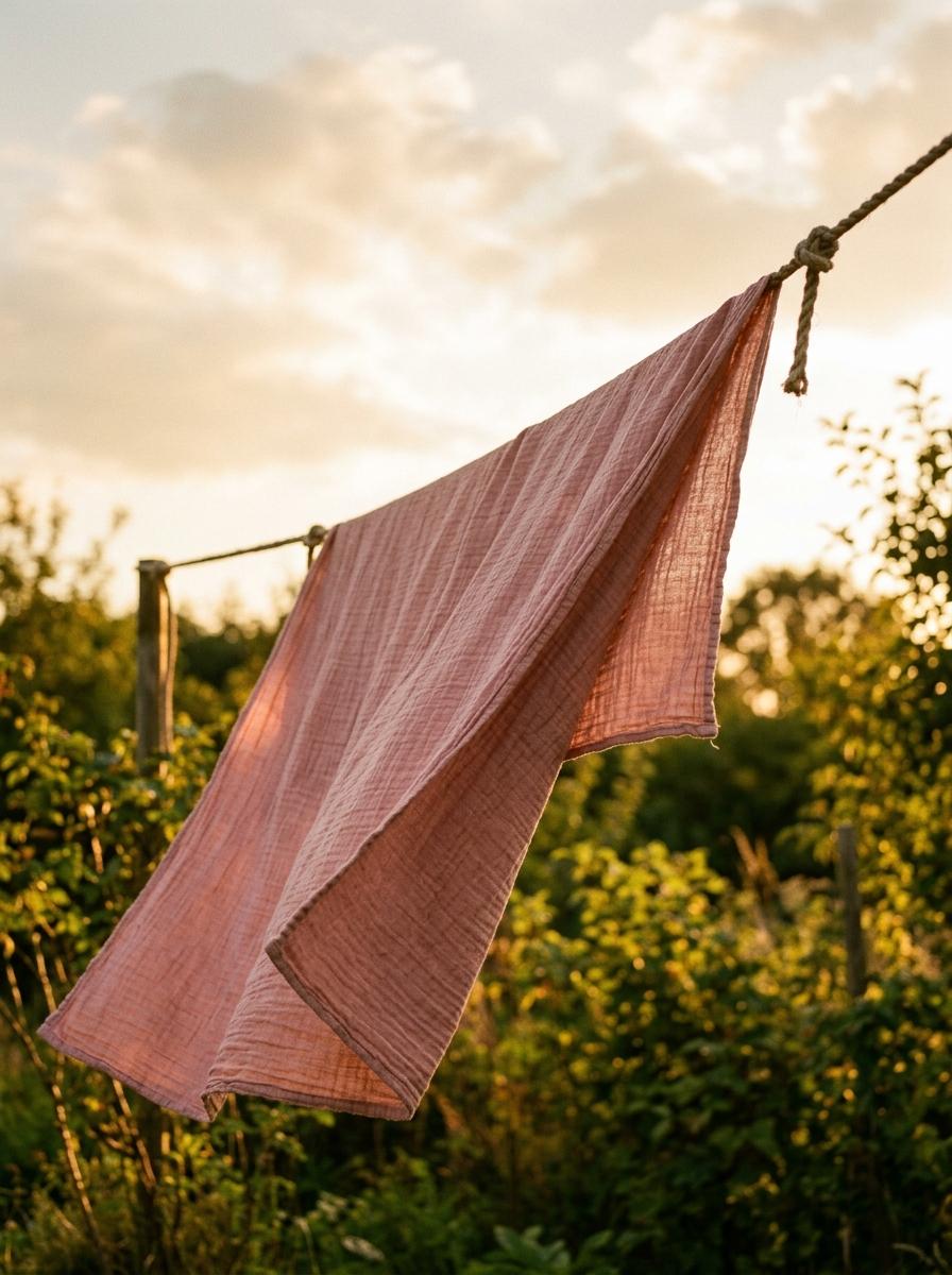 Un grand drap en gaze de coton rose poudré séchant à l'air libre sur une corde à linge, flottant dans la brise.