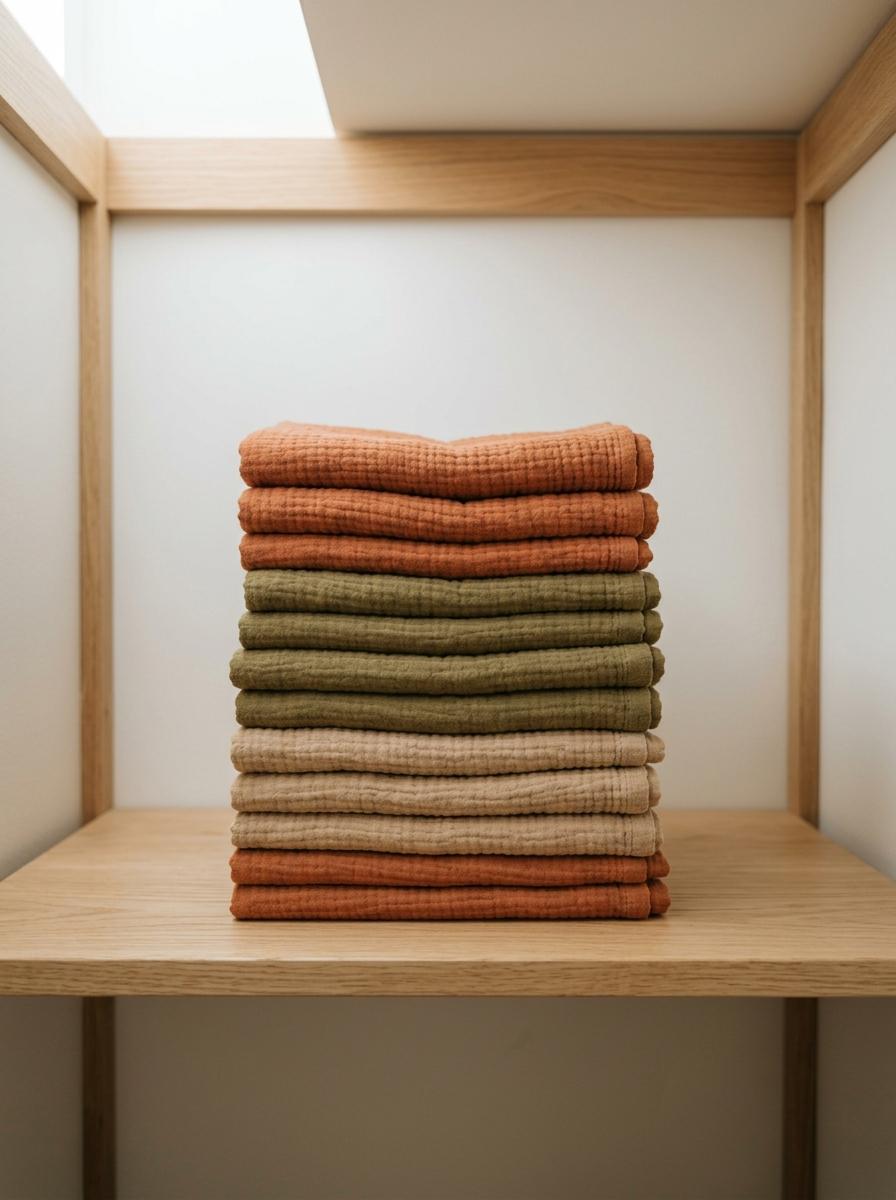 Une pile de linge de lit en gaze de coton de différentes couleurs terreuses, soigneusement pliée sur une étagère en bois.