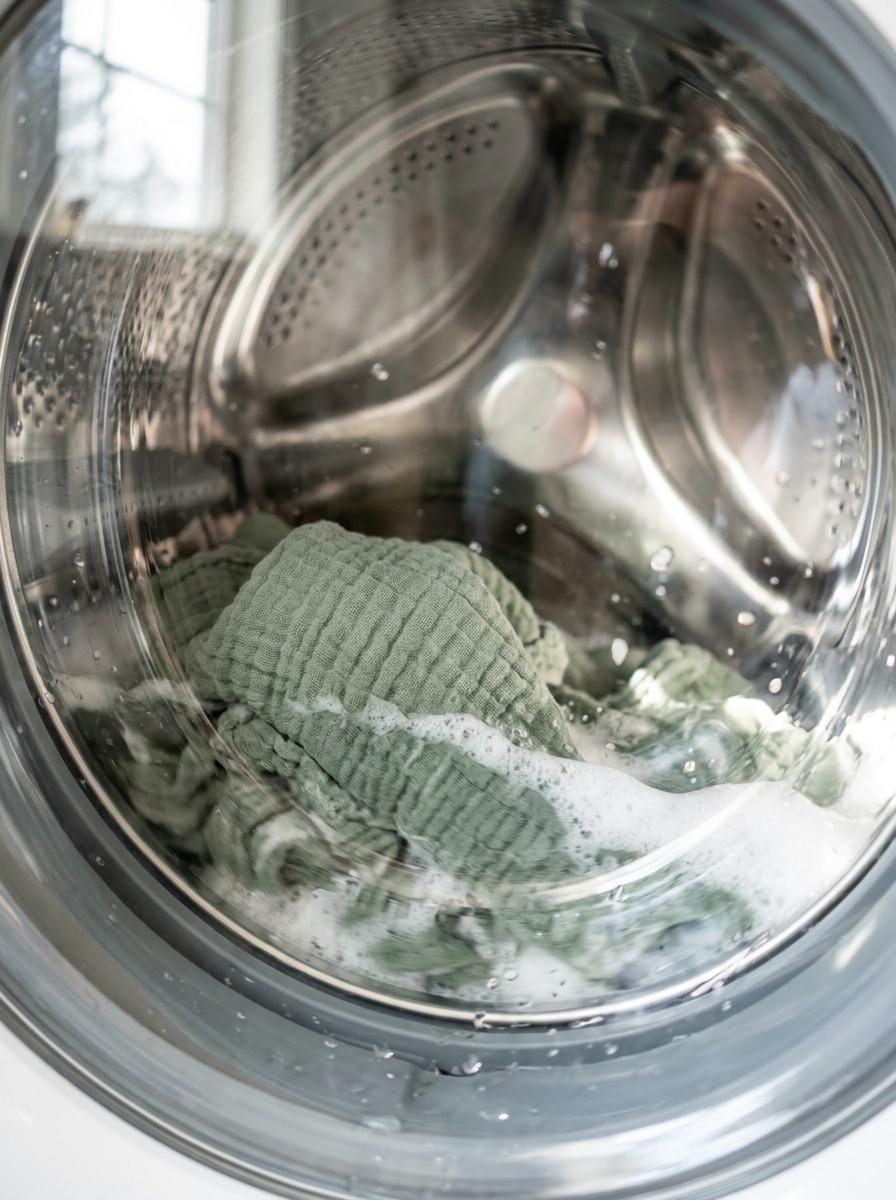 Un drap en gaze de coton vert sauge tournant doucement dans le tambour d'une machine à laver avec de l'eau et des bulles.
