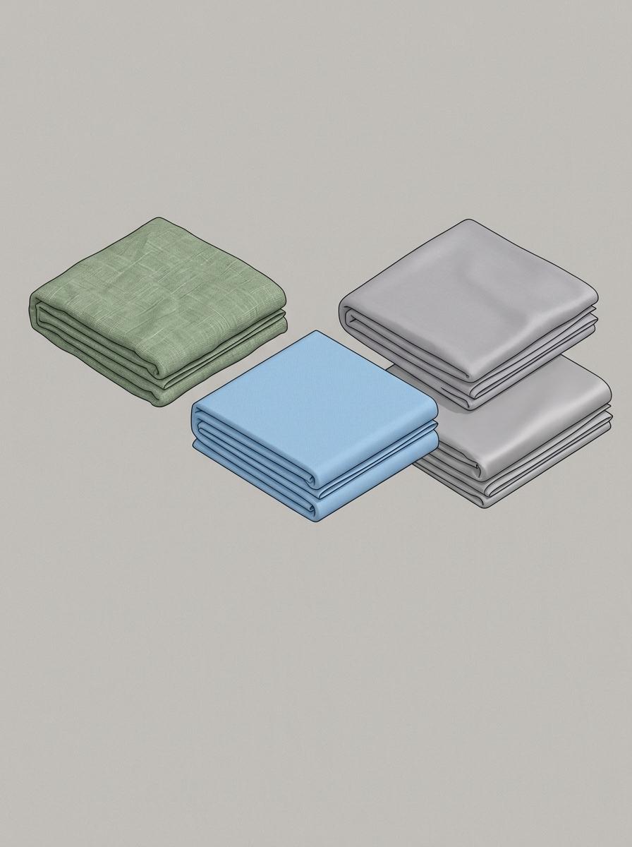 Illustration isométrique comparant trois piles de tissus pliés : lin texturé, percale mate, et Tencel lisse.