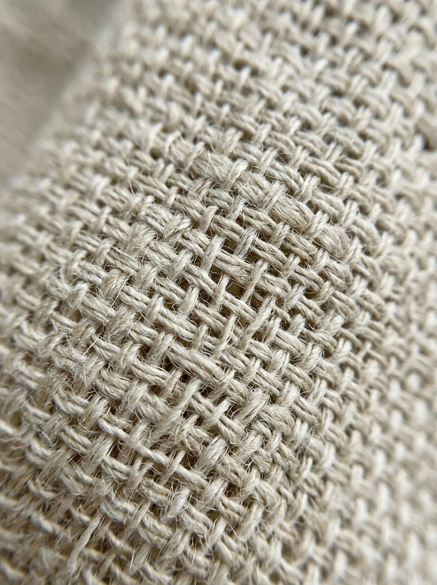 Macro-photographie de la texture d'un tissu respirant, montrant le tissage lâche des fibres qui suggère la perméabilité à l'air.