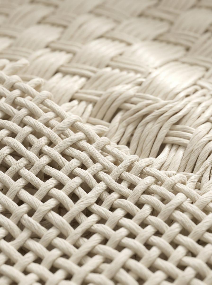 Rendu 3D magnifié montrant la structure d'un tissage percale (simple grille) contrastant avec un tissage satin (surface lisse).