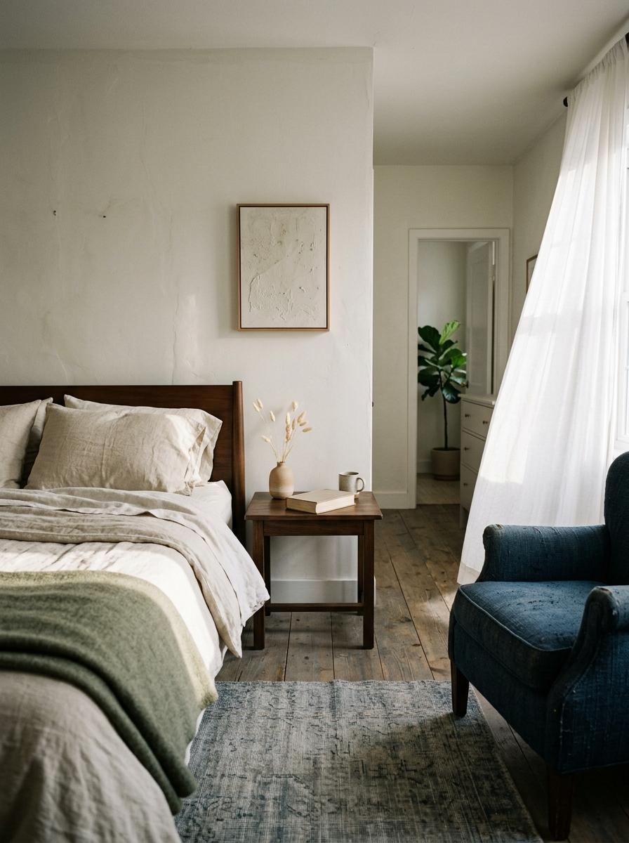 Un coin de chambre paisible baigné par la lumière du matin, avec un lit aux draps légers, symbolisant une nuit de sommeil sereine et réparatrice.