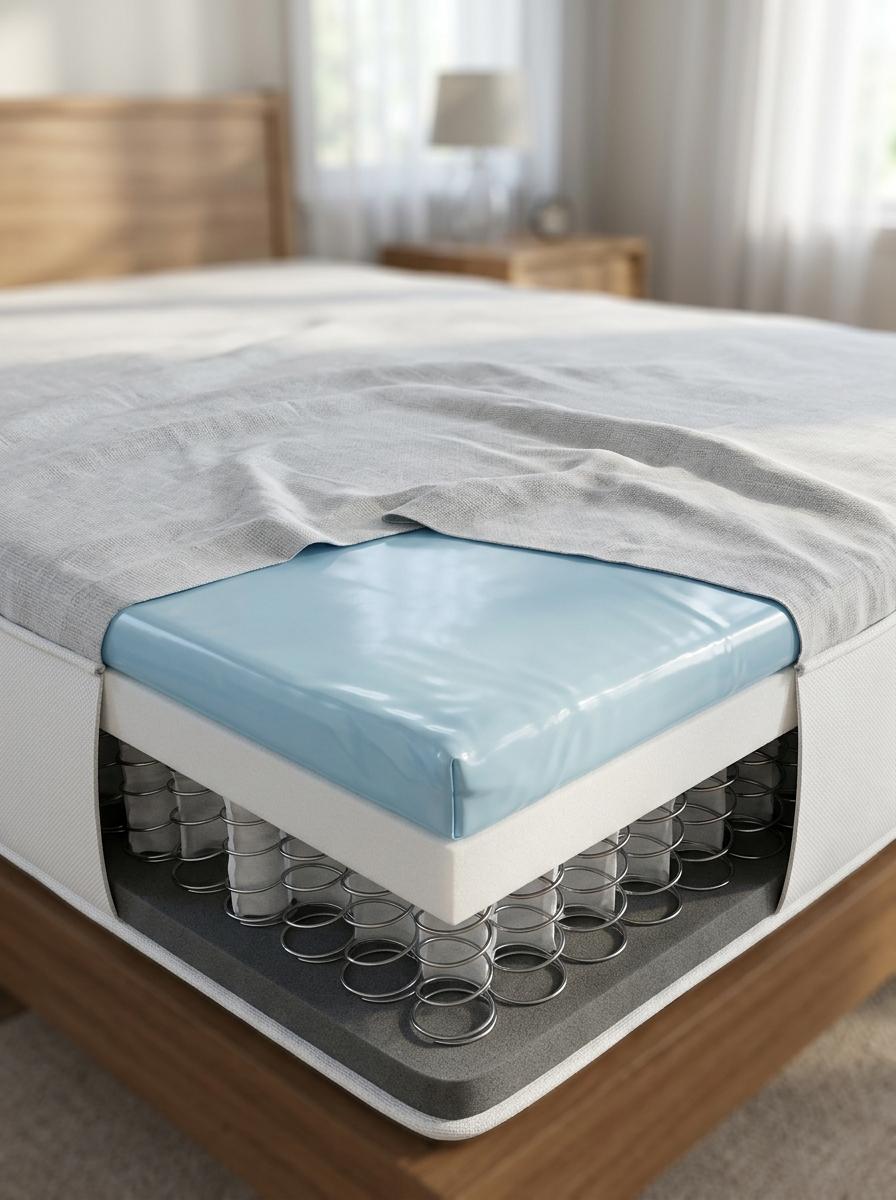 Rendu 3D en coupe d'un matelas montrant une couche de protège-matelas non respirant, un piège à chaleur caché sous les draps.