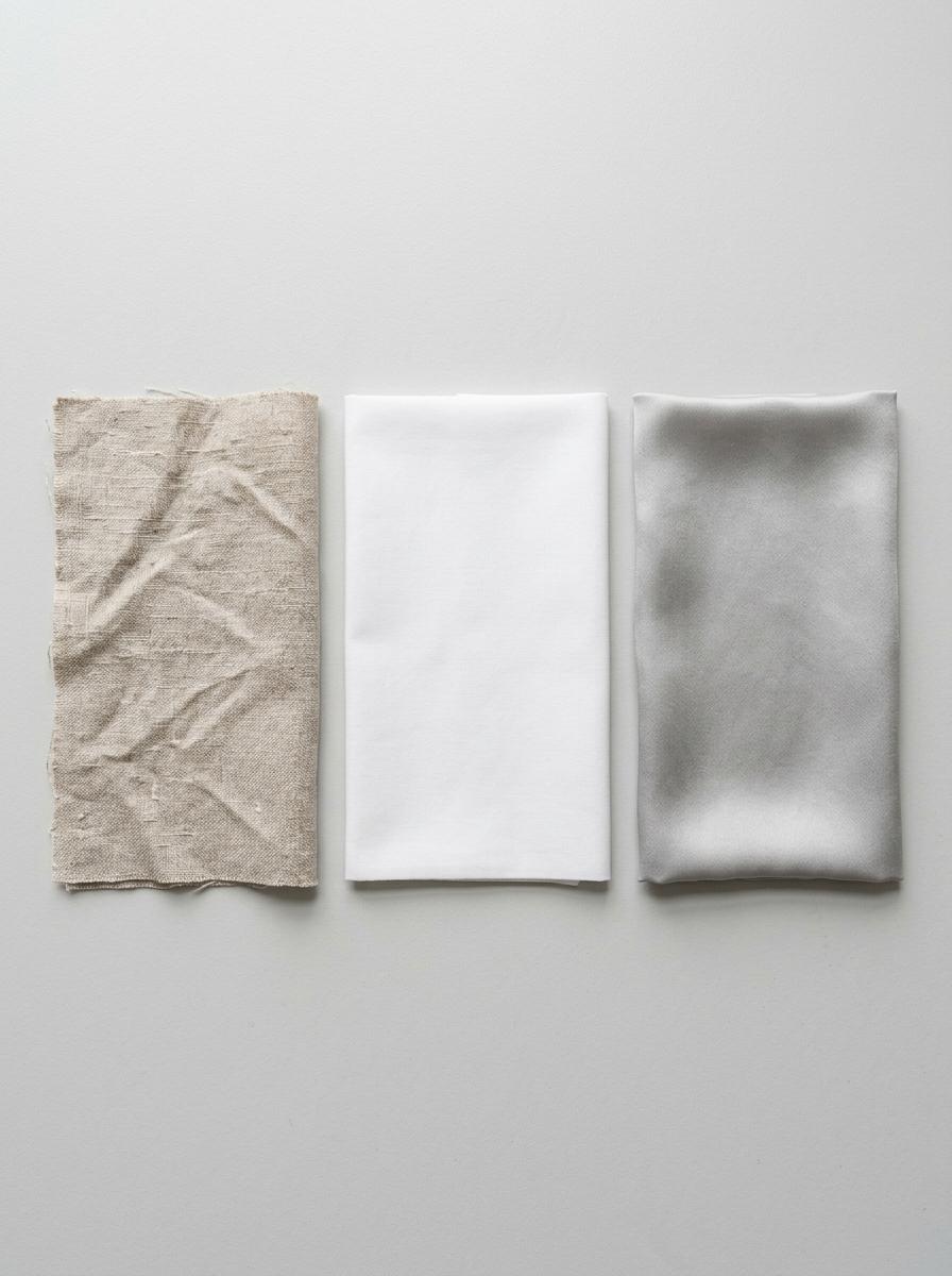 Vue de dessus de trois échantillons de tissus pour literie d'été : lin, percale de coton et Tencel, montrant leurs textures distinctes.