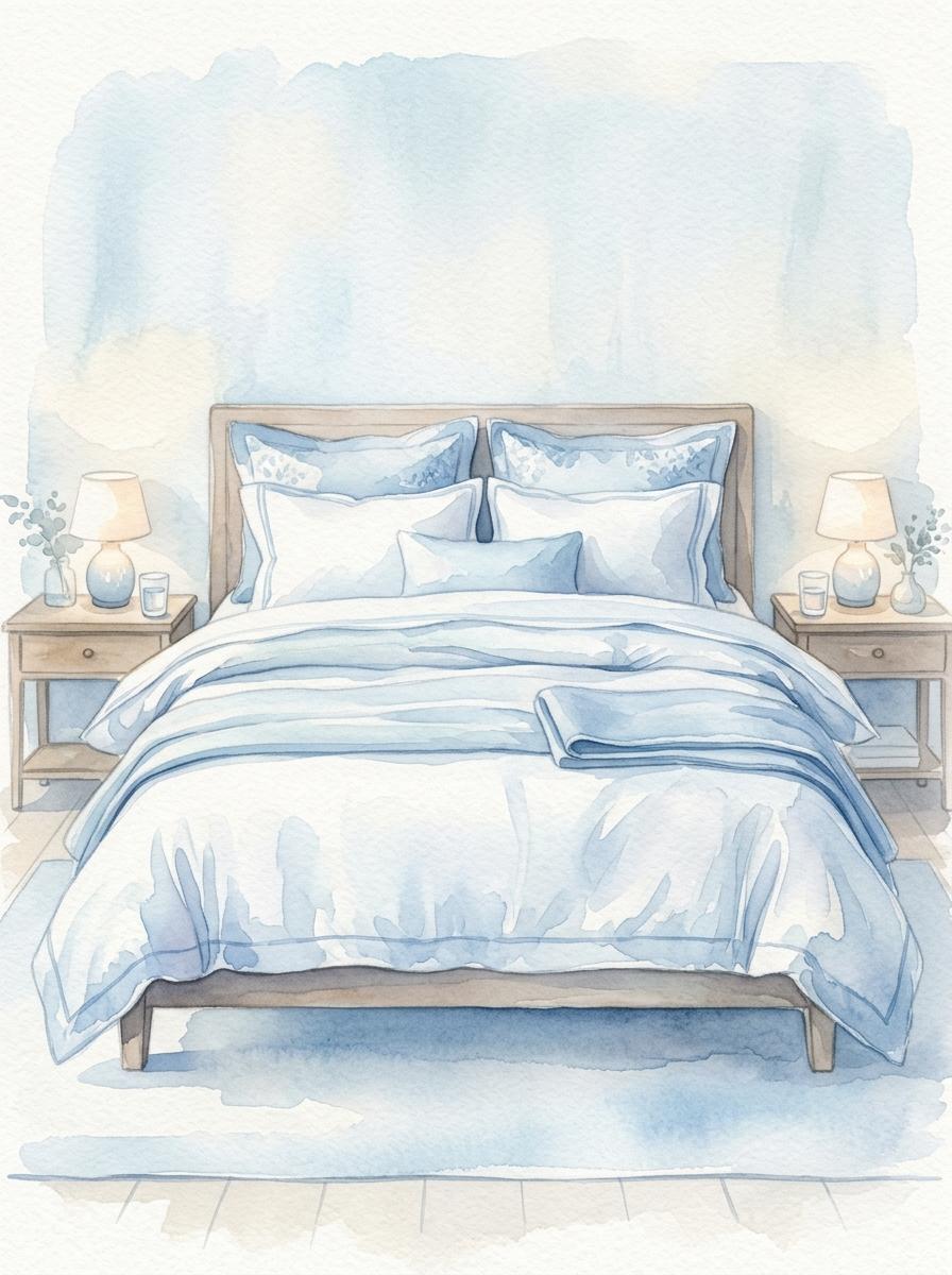 Illustration à l'aquarelle d'un lit parfaitement fait avec une literie fraîche et légère, symbolisant le résultat final de nuits d'été parfaites.