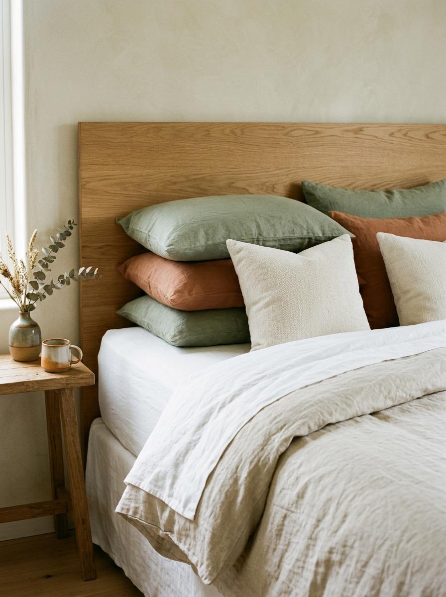 Un coin de lit stylé avec des oreillers et une couette en lin aux couleurs tendance terreuses, alliant confort et esthétique estivale.