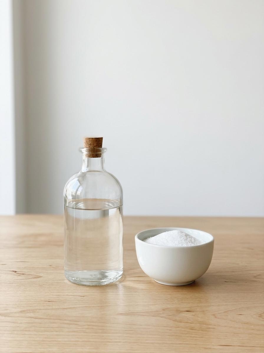 Composition épurée d'ingrédients naturels pour adoucir le linge, incluant une bouteille de vinaigre blanc et un bol de poudre blanche.