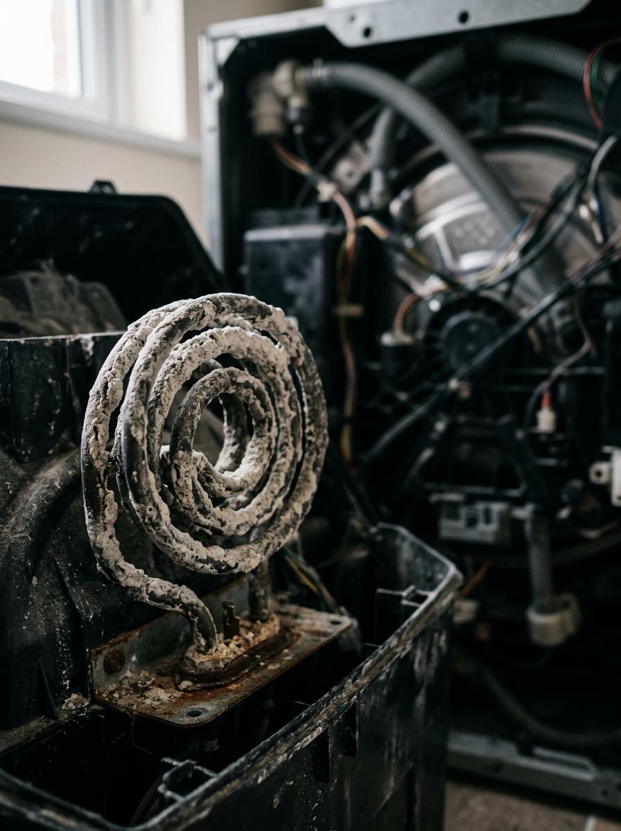 Résistance de lave-linge fortement entartrée, montrant l'accumulation de calcaire à l'intérieur de l'appareil.