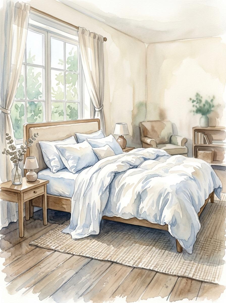 Illustration artistique d'un lit impeccablement fait avec des draps en coton blanc doux et volumineux, évoquant le confort et la propreté.